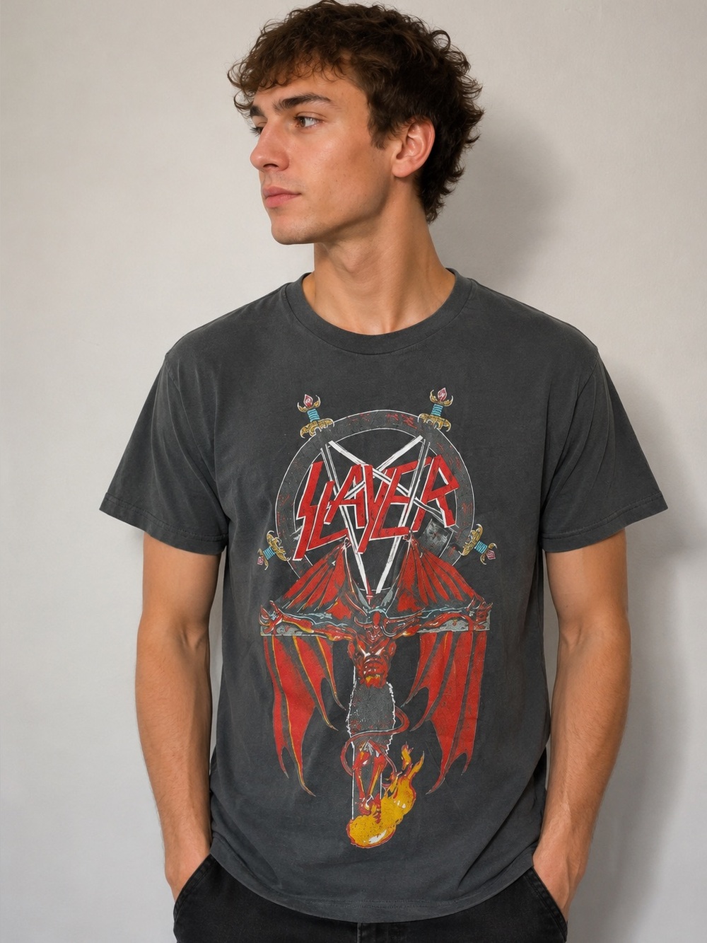 Slayer Graphic T Shirt Men Medium Black Demon Pentagram Metal Band Rock Tee